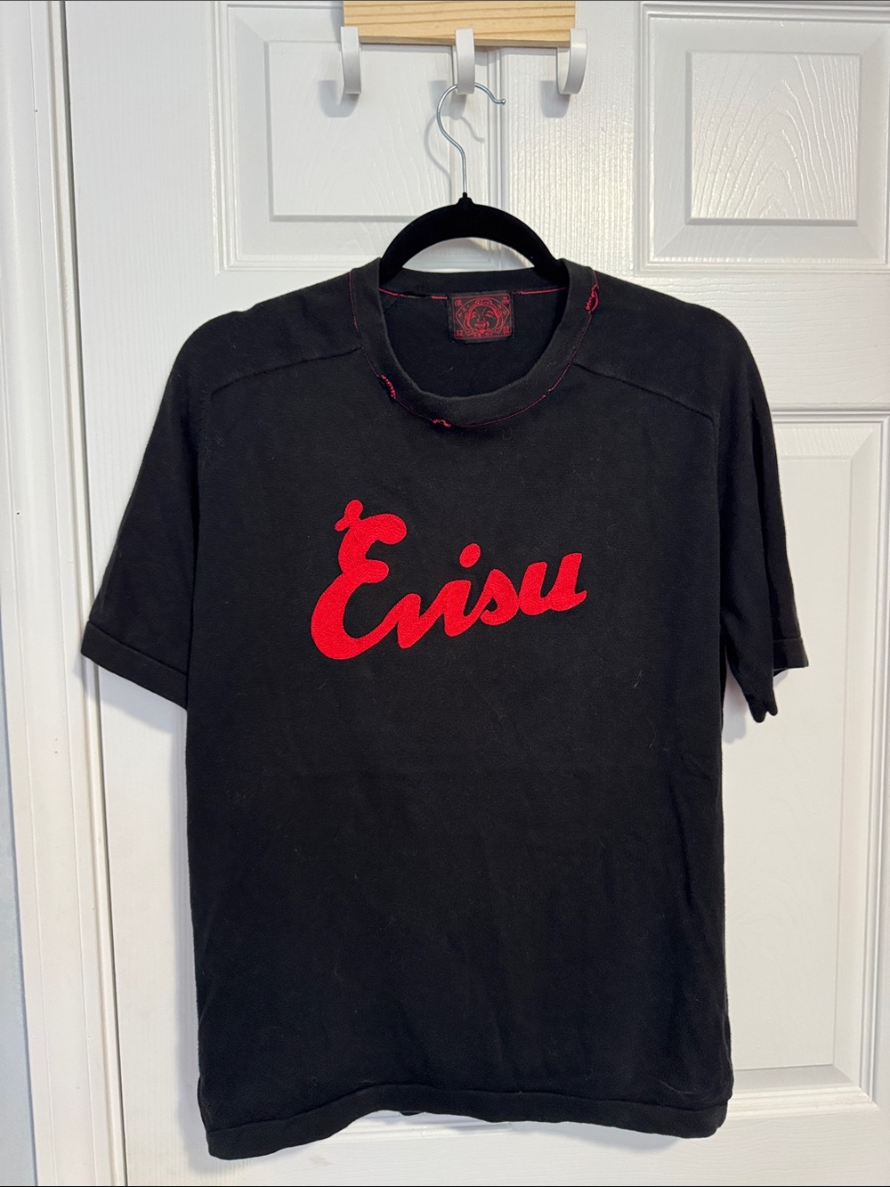 Evisu Black Tee with Red Script Logo